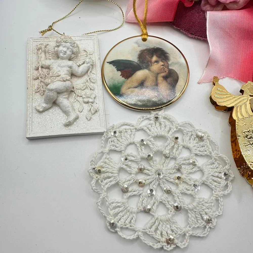 VTG 90s Victorian Christmas Ornament Set Cherub Angel Velvet Hat Pearl 7pc Lot